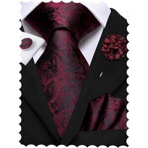 Mens Silk Ties and Flower Lapel Pin Pocket Square Cufflinks Set 4PCS Necktie